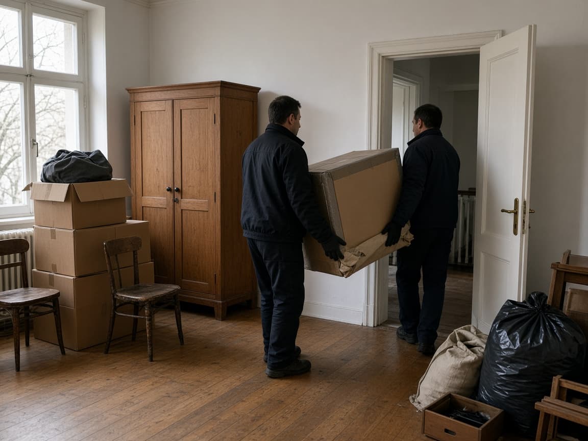 Zwei Personen tragen einen Karton aus einer Wohnung mit Schrank und Umzugskartons.