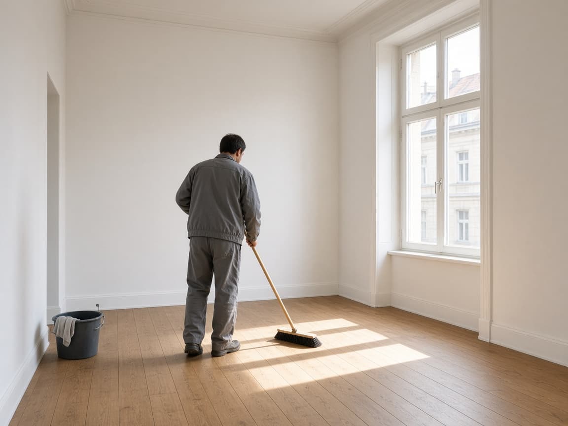 Eine Person kehrt ein leeres, helles Zimmer vor der Übergabe.